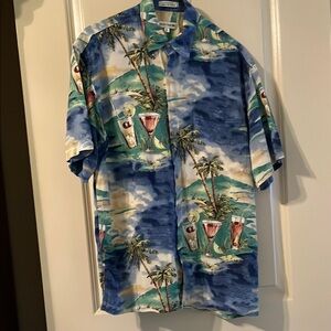 Pierre Cardin Men’s Short Sleeve Rayon Tropical Blue Hawaiian Shirt, Sz Medium